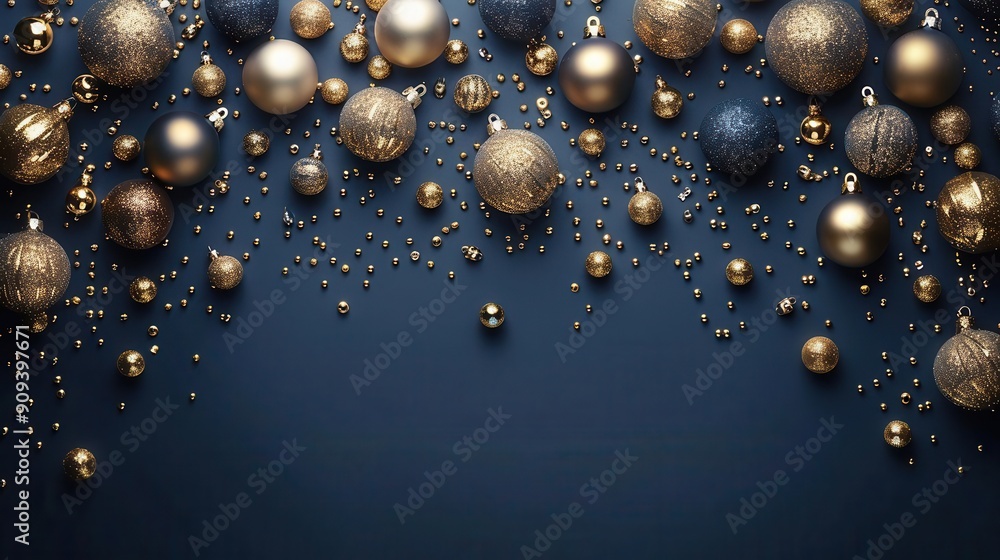 elegant navy blue background adorned with luxurious golden christmas ornaments shimmering baubles cascade from above creating a sophisticated and festive atmosphere elegant navy blue background adorned with luxurious golden christmas ornaments shimmering baubles cascade from above creating a sophisticated and festive atmosphere