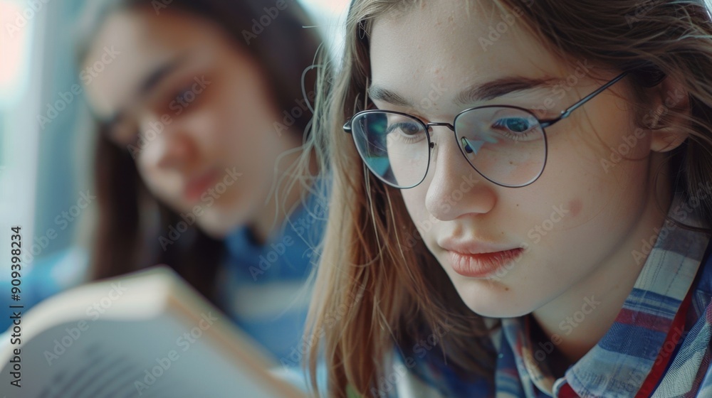 Adolescent girls reading in a quiet setting, one focused intently on her book wearing glasses. Adolescent girls reading in a quiet setting, one focused intently on her book wearing glasses.