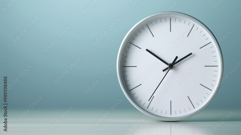 Elegant wall clock displaying time against a soft blue background, perfect for any modern interior design. Elegant wall clock displaying time against a soft blue background, perfect for any modern interior design.