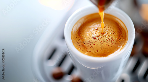 Close-up of espresso being poured into a white cup, showcasing rich crema and steam, perfect for coffee lovers and baristas. photo