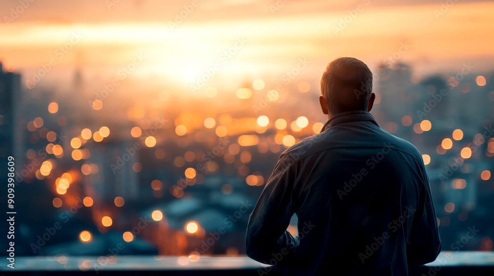 A contemplative person gazes at a stunning sunset over a vibrant cityscape, capturing a moment of tranquility and reflection. A contemplative person gazes at a stunning sunset over a vibrant cityscape, capturing a moment of tranquility and reflection.