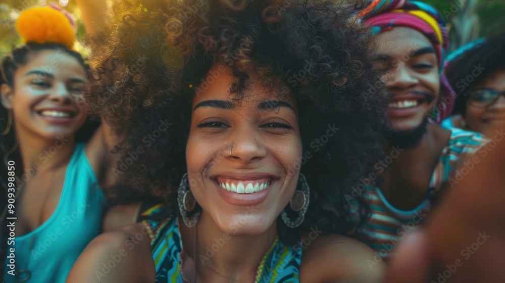 Obraz premium Group of young friends with diverse backgrounds, smiling and enjoying a sunny day outdoors.