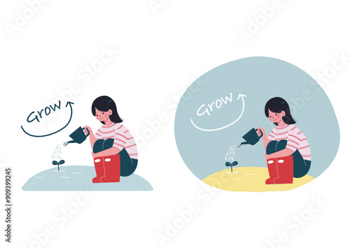 新芽にジョーロで水を上げる女性のイラスト