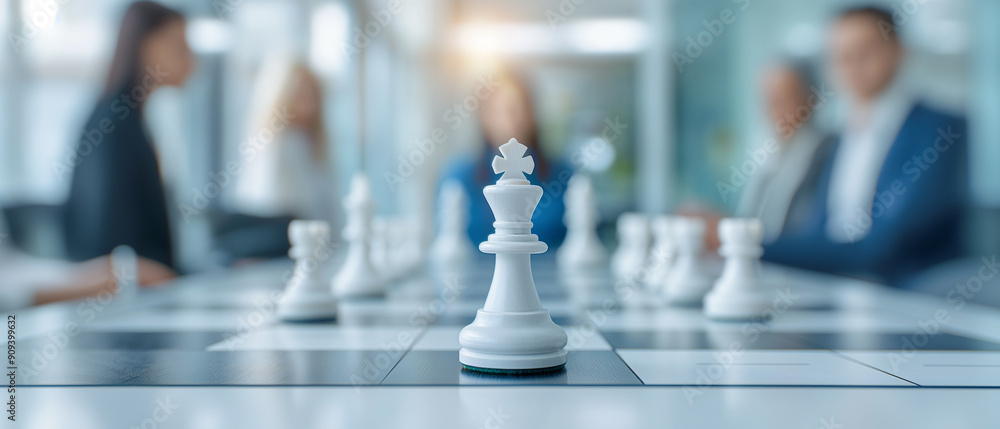A white king chess piece on a chessboard with blurred business people in the background. The image represents strategic planning, leadership, and decision-making in a corporate environment. A white king chess piece on a chessboard with blurred business people in the background. The image represents strategic planning, leadership, and decision-making in a corporate environment.