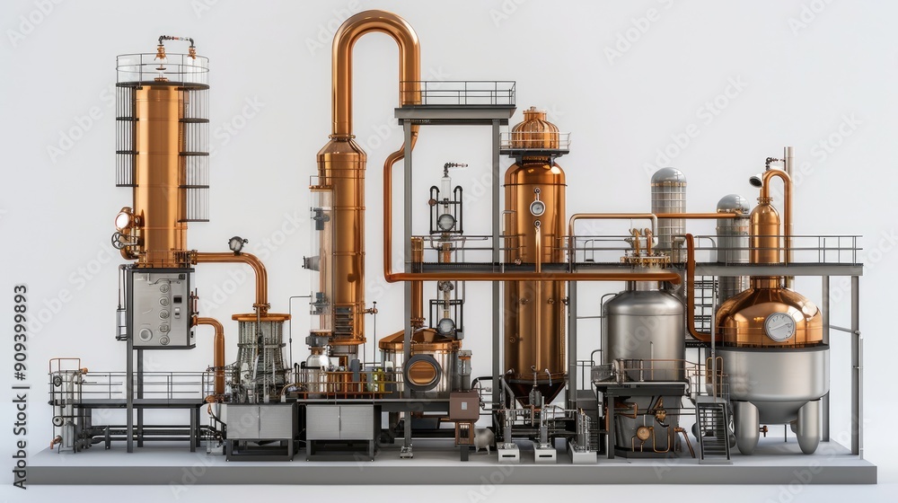 A large industrial plant with a lot of machinery and pipes. The machinery is orange and silver. Scene is industrial and mechanical A large industrial plant with a lot of machinery and pipes. The machinery is orange and silver. Scene is industrial and mechanical