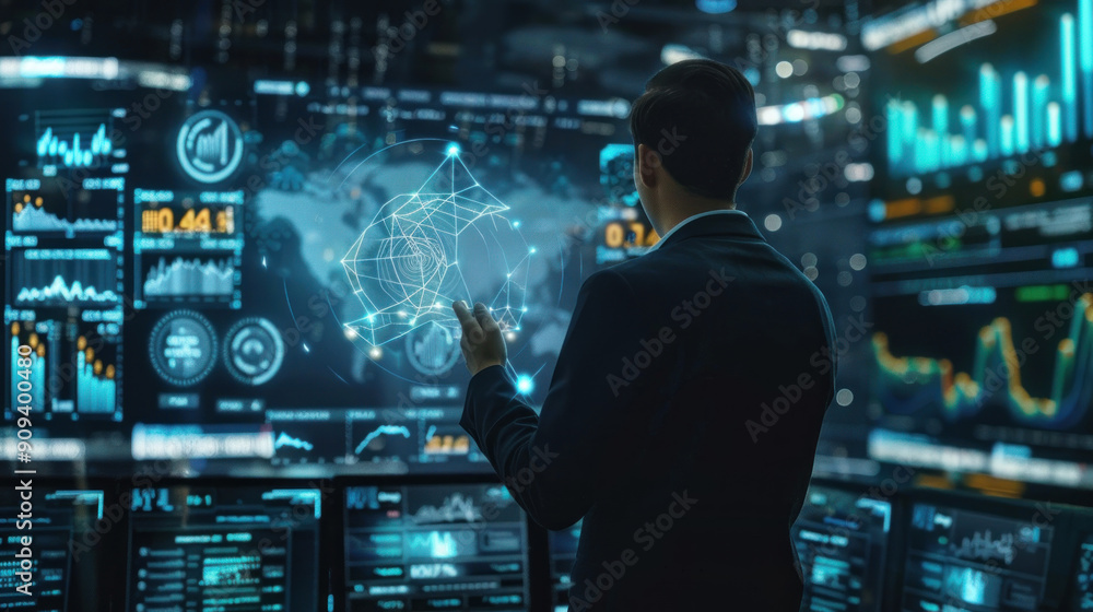 Trader displaying digital assets and stock market progress through holograms, emphasizing investment strategies Trader displaying digital assets and stock market progress through holograms, emphasizing investment strategies
