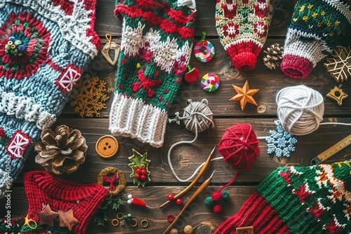 festive flat lay of ugly christmas sweater elements colorful yarn knitting needles buttons and holidaythemed appliques arranged on rustic wooden table cheerful and quirky crafting scene photo