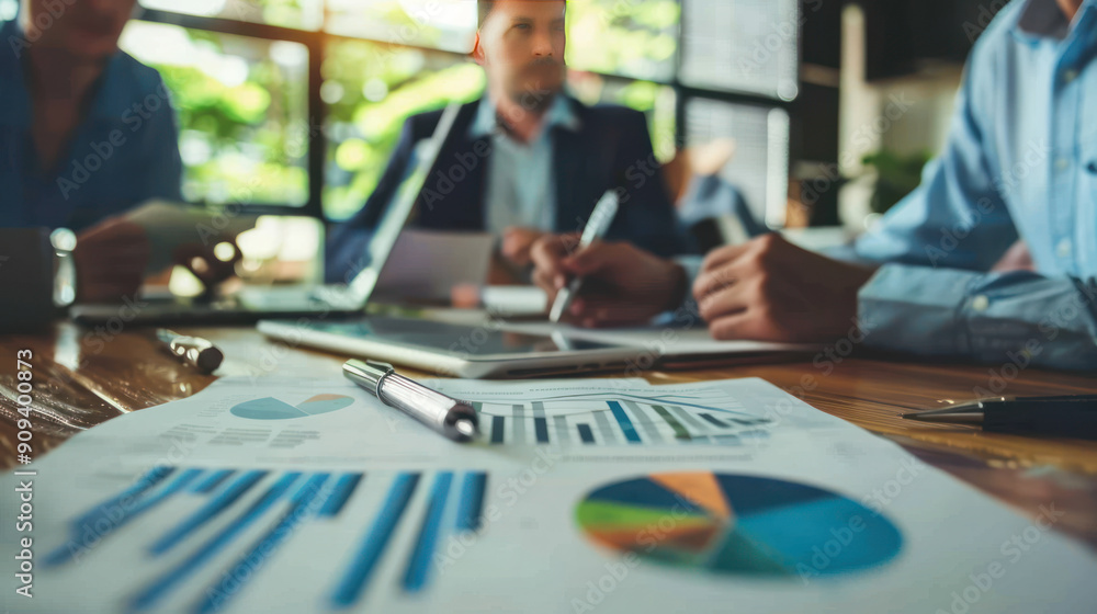 Real estate brokers in a meeting, discussing startup projects with close-up on charts and financial reports Real estate brokers in a meeting, discussing startup projects with close-up on charts and financial reports