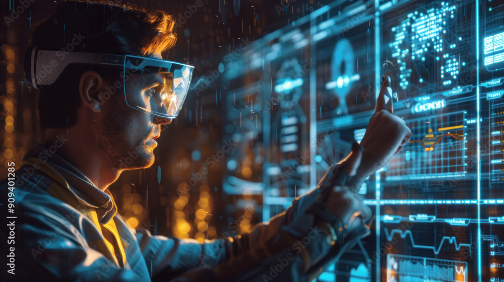 Professional analyzing company performance with digital AR graphics, focusing on positive 2024 indicators Professional analyzing company performance with digital AR graphics, focusing on positive 2024 indicators
