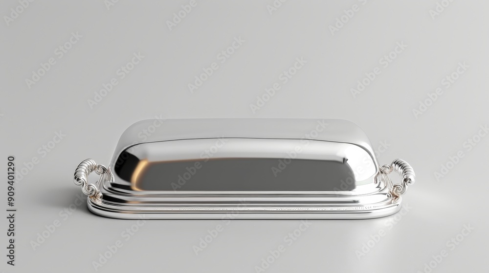 Elegant polished silver butter dish, detailed and luxurious, isolated on a clean background, offering plenty of room for copy text or graphic elements Elegant polished silver butter dish, detailed and luxurious, isolated on a clean background, offering plenty of room for copy text or graphic elements