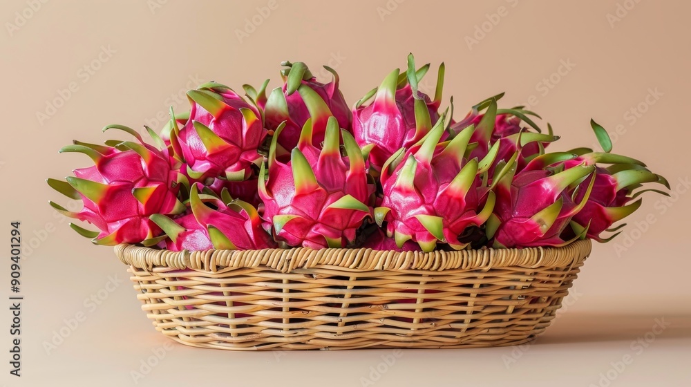Obraz premium Dragon fruit with a basket, showcasing its vibrant color and texture, isolated background, perfect for marketing use with space for text