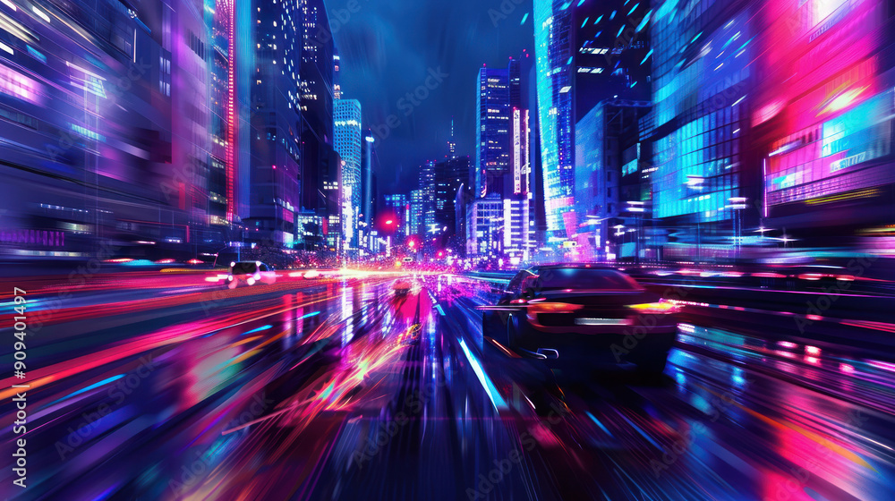 Nighttime cityscape with a car speeding down an urban road, colorful lights and blurred motion Nighttime cityscape with a car speeding down an urban road, colorful lights and blurred motion