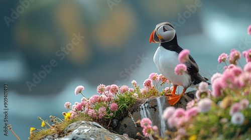 The Atlantic Puffins, members of the auk family, are seabirds also known as Common Puffins. Beautiful extreme close-up.