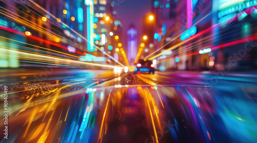 Nighttime cityscape with a car speeding down an urban road, colorful lights and blurred motion