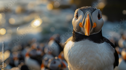 The Atlantic Puffins, members of the auk family, are seabirds also known as Common Puffins. Beautiful extreme close-up. photo