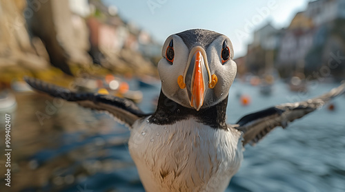 The Atlantic Puffins, members of the auk family, are seabirds also known as Common Puffins. Beautiful extreme close-up. photo