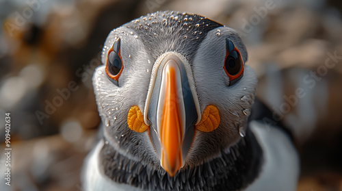 The Atlantic Puffins, members of the auk family, are seabirds also known as Common Puffins. Beautiful extreme close-up. photo