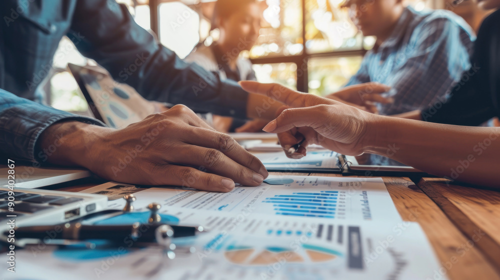 Close-up of hands pointing at a marketing analysis report during a real estate business meeting Close-up of hands pointing at a marketing analysis report during a real estate business meeting