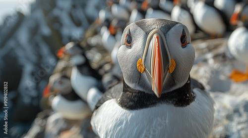 The Atlantic Puffins, members of the auk family, are seabirds also known as Common Puffins. Beautiful extreme close-up. photo