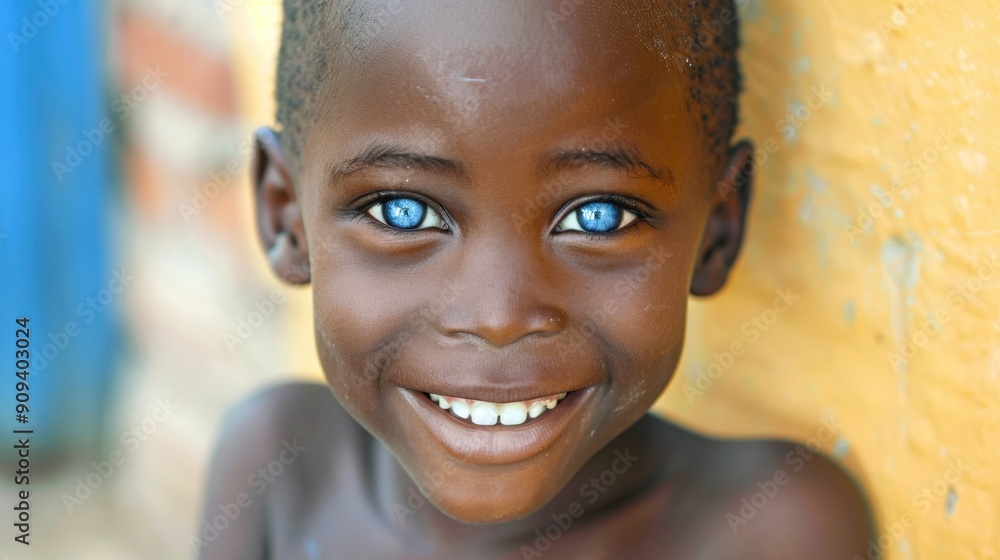 Closeup cute african boy with blue eyes, happy and smiling. Front view, child looking at camera. Closeup cute african boy with blue eyes, happy and smiling. Front view, child looking at camera.