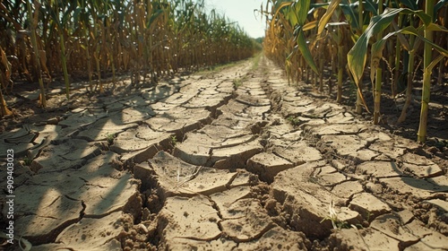 A field of corn is shown with the dirt and ground looking dry and cracked. Concept of drought and hardship, as the corn plants struggle to survive in the harsh conditions photo