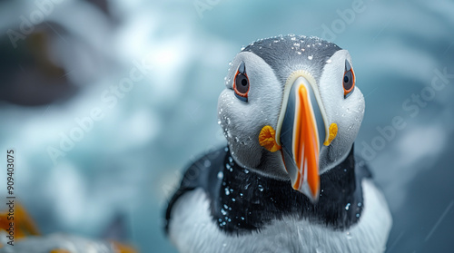 The Atlantic Puffins, members of the auk family, are seabirds also known as Common Puffins. Beautiful extreme close-up.