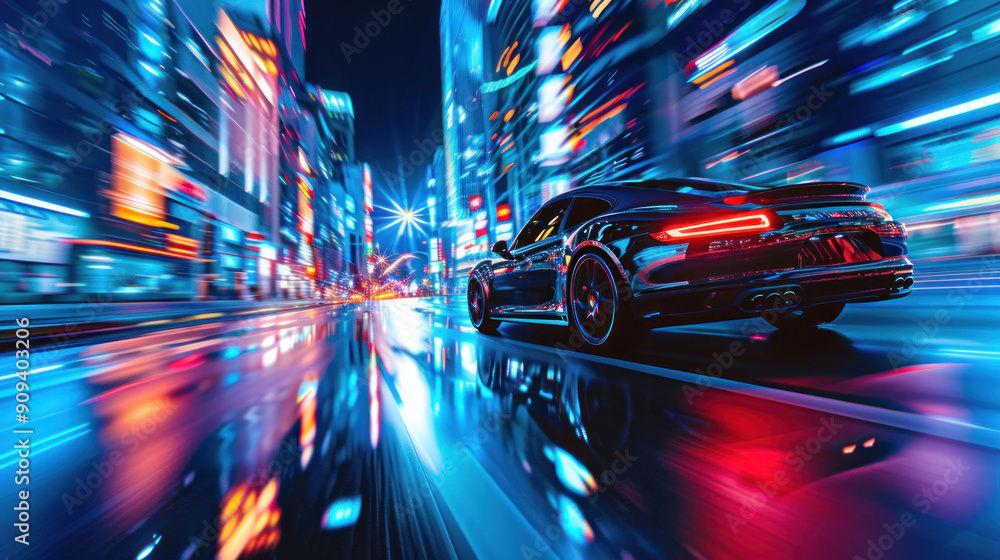 Car moving through a vibrant night city, with reflections of city lights on its sleek surface Car moving through a vibrant night city, with reflections of city lights on its sleek surface