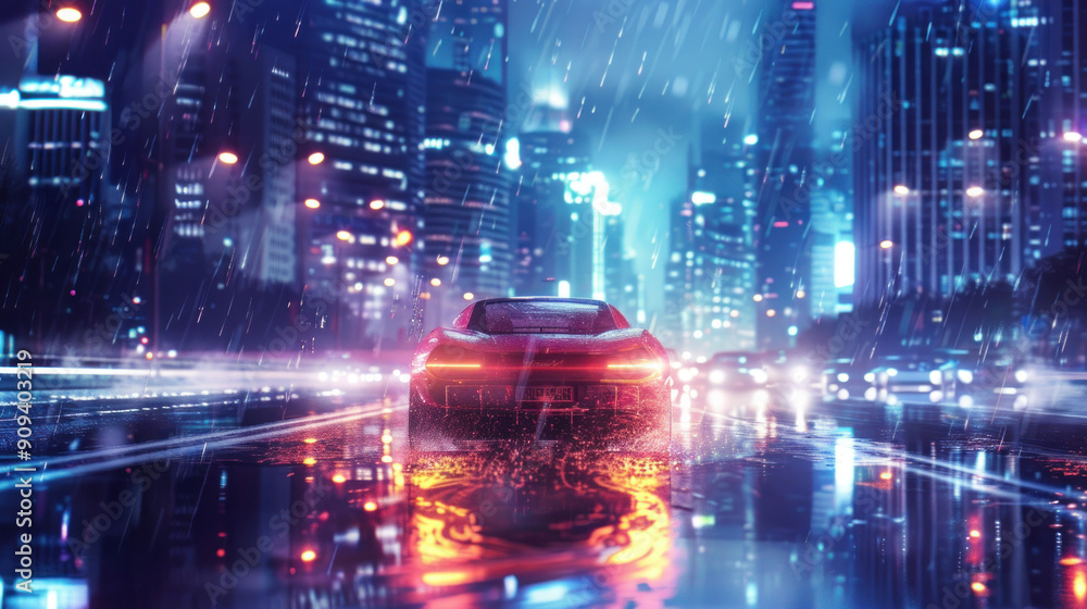 Car cruising on a city street at night, headlights reflecting on wet pavement, surrounded by skyscrapers Car cruising on a city street at night, headlights reflecting on wet pavement, surrounded by skyscrapers