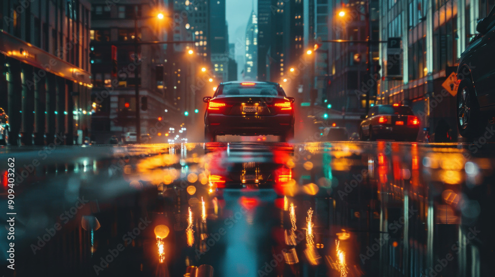 Car cruising on a city street at night, headlights reflecting on wet pavement, surrounded by skyscrapers Car cruising on a city street at night, headlights reflecting on wet pavement, surrounded by skyscrapers