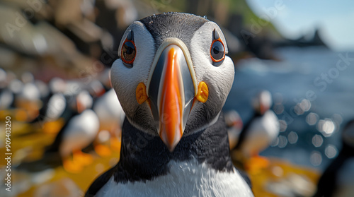 The Atlantic Puffins, members of the auk family, are seabirds also known as Common Puffins. Beautiful extreme close-up. photo