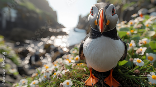 The Atlantic Puffins, members of the auk family, are seabirds also known as Common Puffins. Beautiful extreme close-up. photo