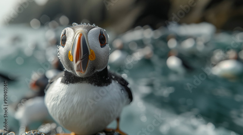 The Atlantic Puffins, members of the auk family, are seabirds also known as Common Puffins. Beautiful extreme close-up. photo