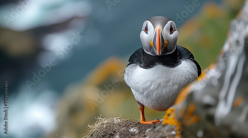 The Atlantic Puffins, members of the auk family, are seabirds also known as Common Puffins. Beautiful extreme close-up. photo