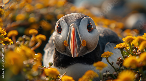 The Atlantic Puffins, members of the auk family, are seabirds also known as Common Puffins. Beautiful extreme close-up. photo