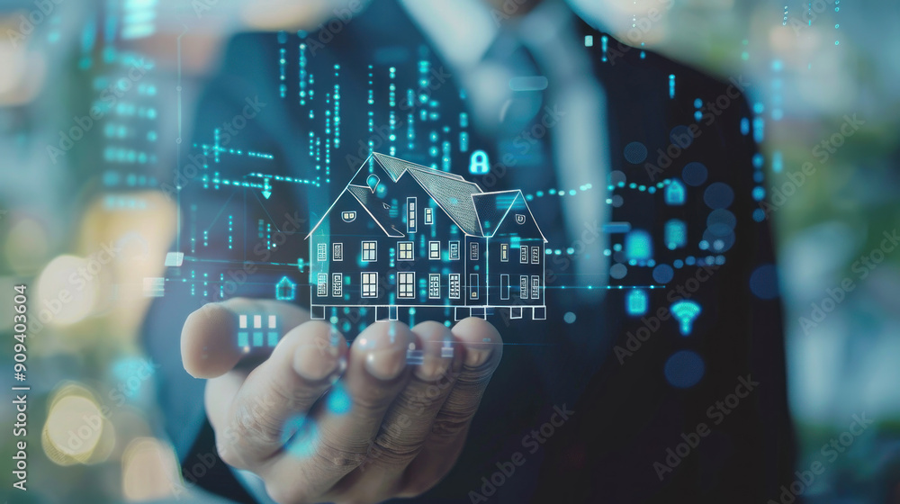 Businessman showing real estate stock data with virtual holograms, focusing on strategic planning and success Businessman showing real estate stock data with virtual holograms, focusing on strategic planning and success