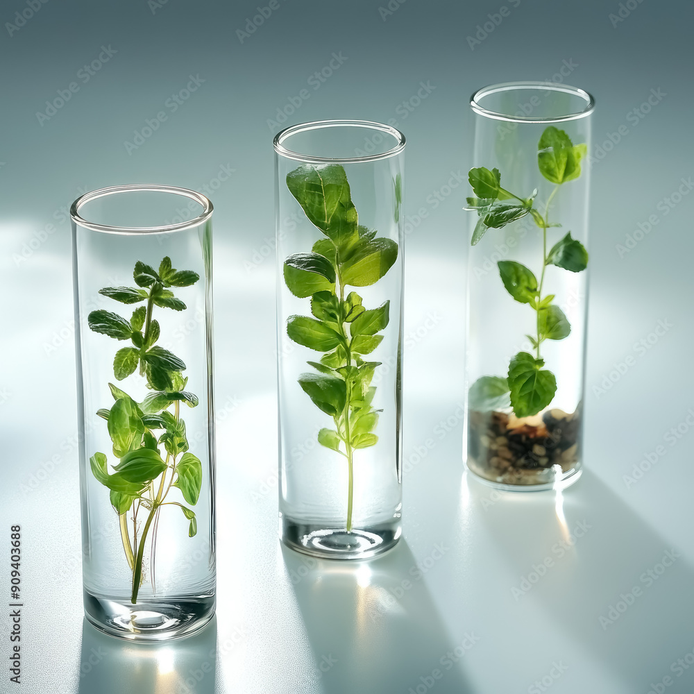 green herbs in slender glass vials with natural sunlight green herbs in slender glass vials with natural sunlight