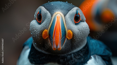 The Atlantic Puffins, members of the auk family, are seabirds also known as Common Puffins. Beautiful extreme close-up. photo