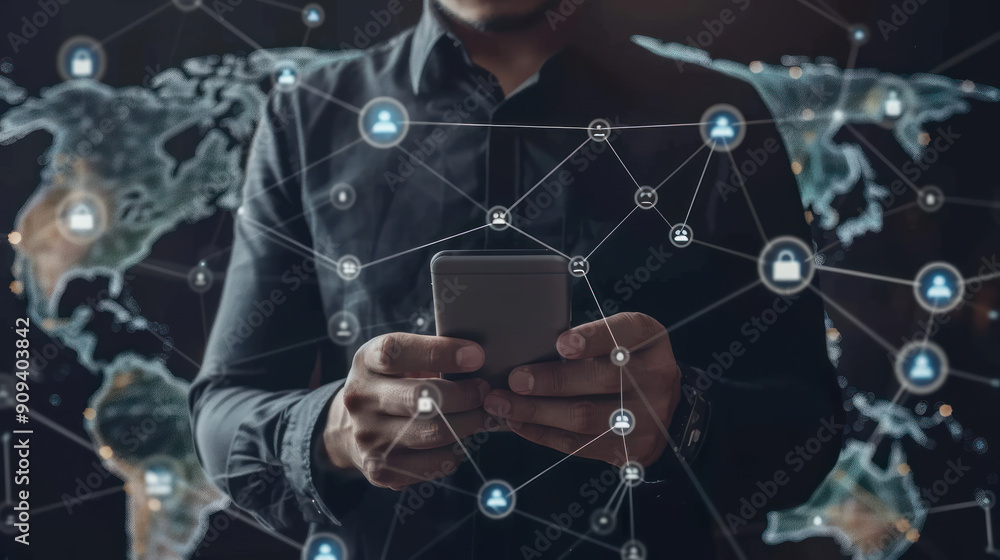 Businessman checking digital marketing stats on his smartphone, surrounded by global connection symbols Businessman checking digital marketing stats on his smartphone, surrounded by global connection symbols