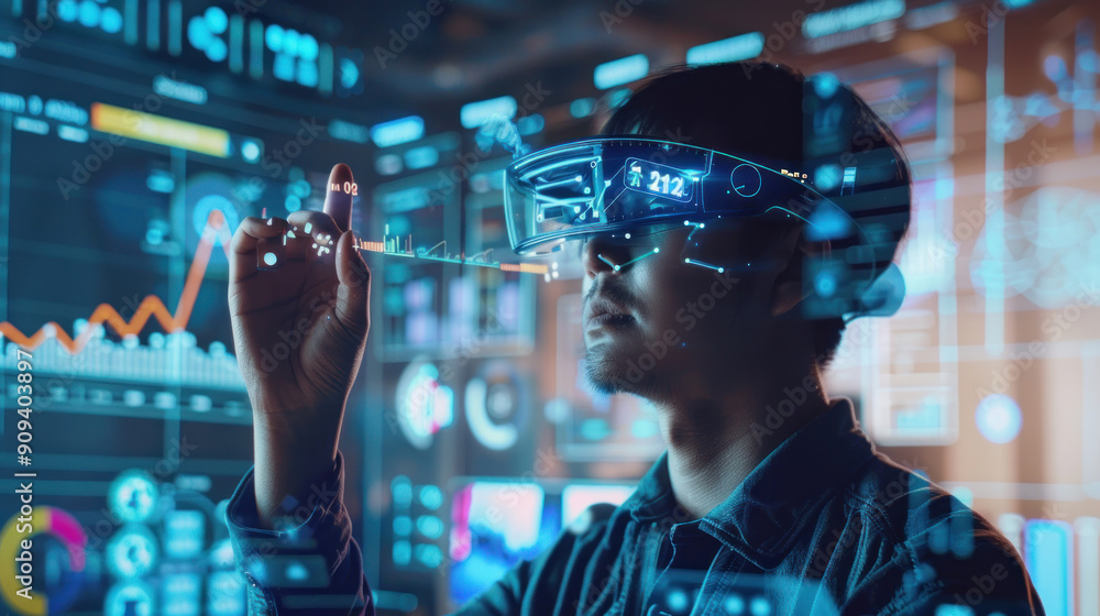 Professional analyzing company performance with digital AR graphics, focusing on positive 2024 indicators Professional analyzing company performance with digital AR graphics, focusing on positive 2024 indicators