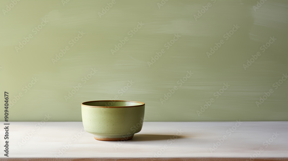 Japanese Green Ceramic Tea Cup on Wooden Counter Composition, Natural Light and Shadow. Minimal Interior. Minimalism. Copy Space. Food Photography. Japanese Green Ceramic Tea Cup on Wooden Counter Composition, Natural Light and Shadow. Minimal Interior. Minimalism. Copy Space. Food Photography.