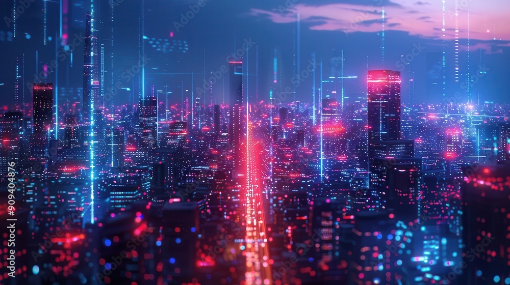 futuristic cityscape at night with holographic data overlays blend of urban architecture and digital elements showcasing smart city concept with glowing networks and information streams futuristic cityscape at night with holographic data overlays blend of urban architecture and digital elements showcasing smart city concept with glowing networks and information streams