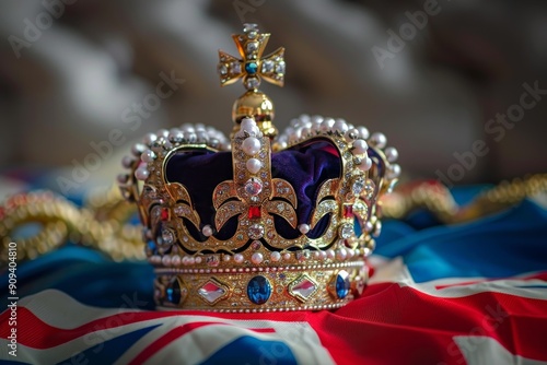 The imperial state crown is laying on top of the red, white, and blue union jack flag photo