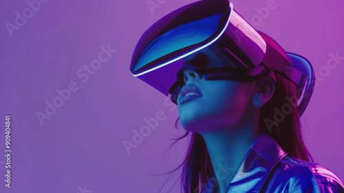 Young woman in futuristic attire using a VR headset with neon purple lighting.