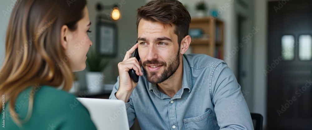 Man on the Phone with Woman Working on a Laptop. Man on the Phone with Woman Working on a Laptop.
