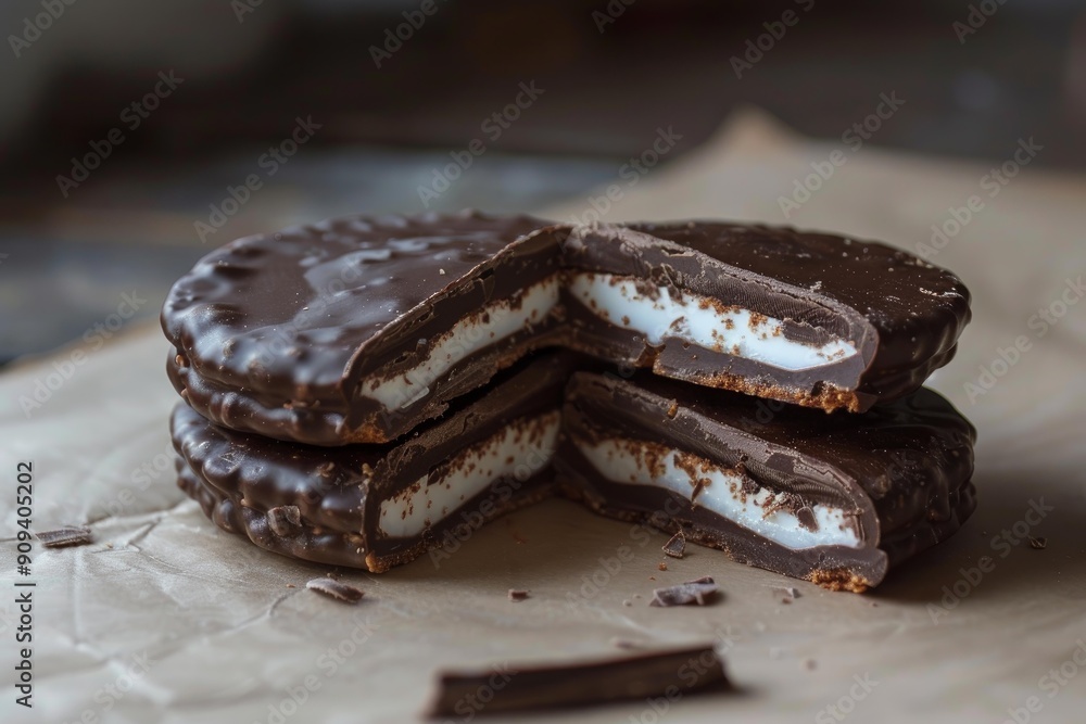 Chocolate biscuits with white filling, some of them are broken, lying on brown paper on a wooden table, crumbs are scattered nearby Chocolate biscuits with white filling, some of them are broken, lying on brown paper on a wooden table, crumbs are scattered nearby