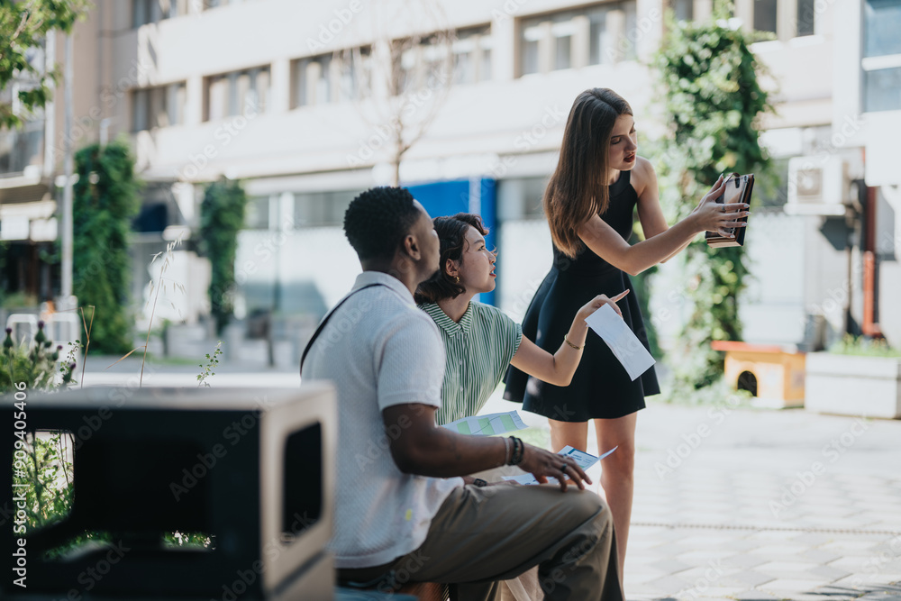 Multicultural businesspeople having an outdoor meeting in the city. Mixed race team discussing business ideas in an outdoor setting. Multicultural businesspeople having an outdoor meeting in the city. Mixed race team discussing business ideas in an outdoor setting.