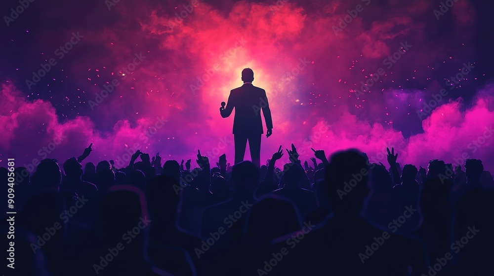 Fototapeta premium Silhouette of a confident businessman on stage addressing a cheering crowd with vibrant pink and purple smoky background, concept for public speaking, motivational event and leadership presentation