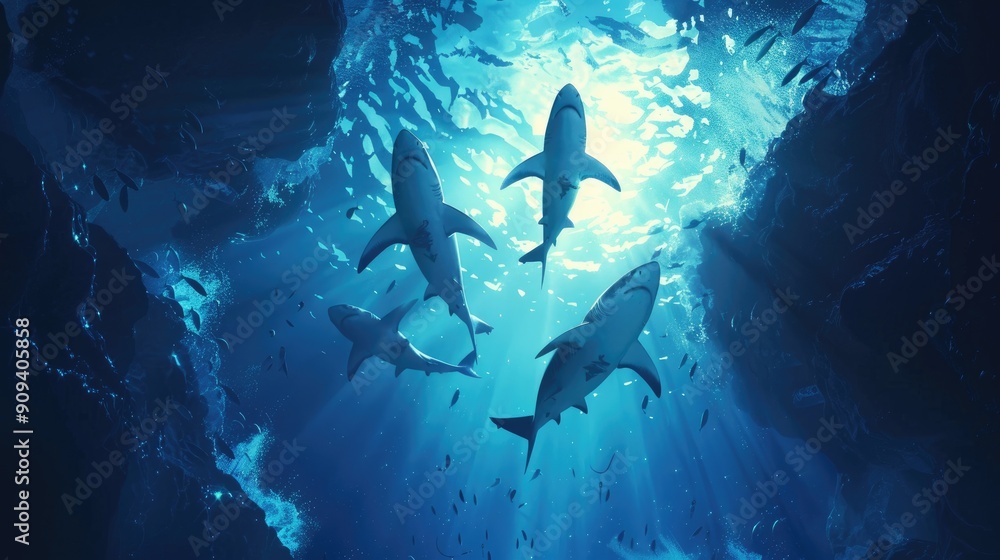 Fototapeta premium A group of sharks swimming in the ocean. The sharks are in the water and the water is blue