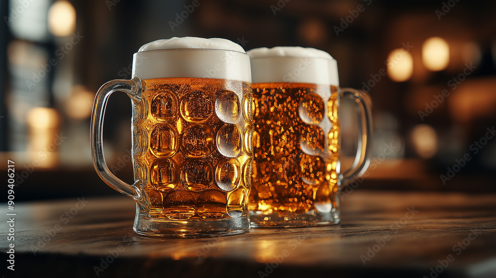 Two Beer Mugs Filled with Frothy Beer on Wooden Table in Cozy Pub for Celebratory and Social Gathering Themes Two Beer Mugs Filled with Frothy Beer on Wooden Table in Cozy Pub for Celebratory and Social Gathering Themes