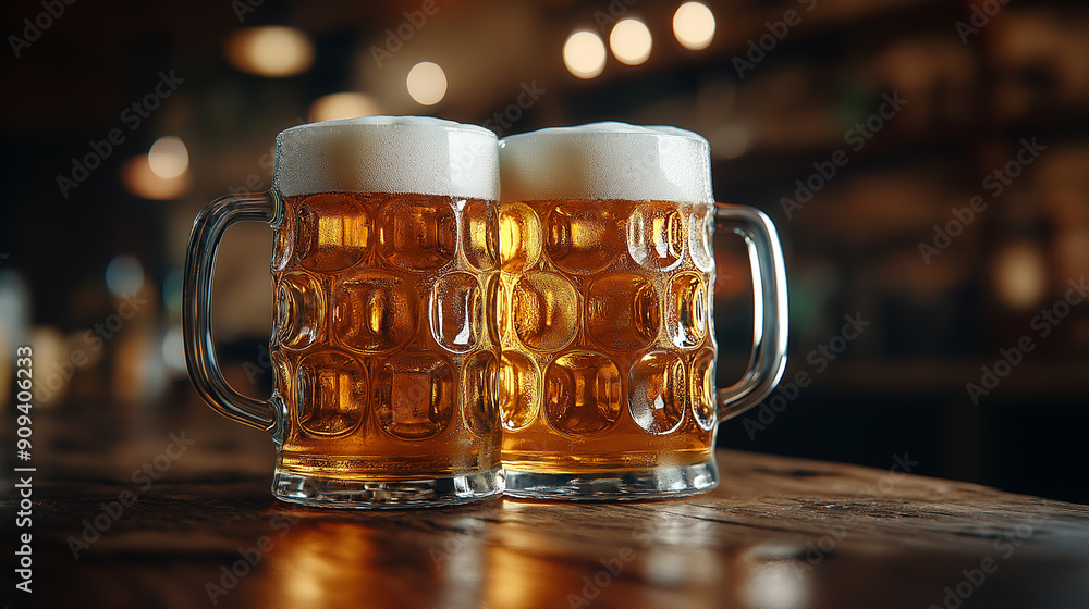 Two Beer Mugs Filled with Frothy Beer on Wooden Table in Cozy Pub for Celebratory and Social Gathering Themes Two Beer Mugs Filled with Frothy Beer on Wooden Table in Cozy Pub for Celebratory and Social Gathering Themes